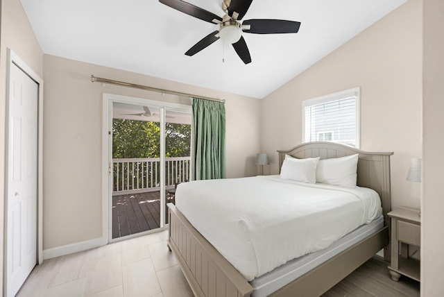 bedroom with access to outside, baseboards, a ceiling fan, and lofted ceiling