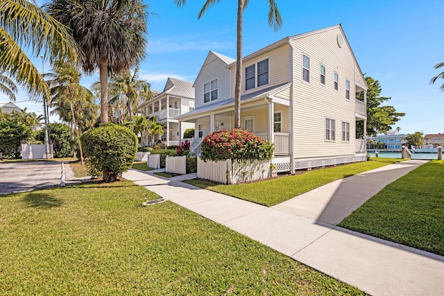 view of front of property with covered porch and a front yard