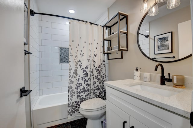 bathroom with recessed lighting, vanity, toilet, and shower / tub combo with curtain