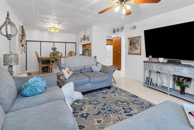 712 Sunny Pine Way Unit D1, Greenacres, FL 33415 - living room with an ornate ceiling, a ceiling fan, visible vents, and light tile patterned floors