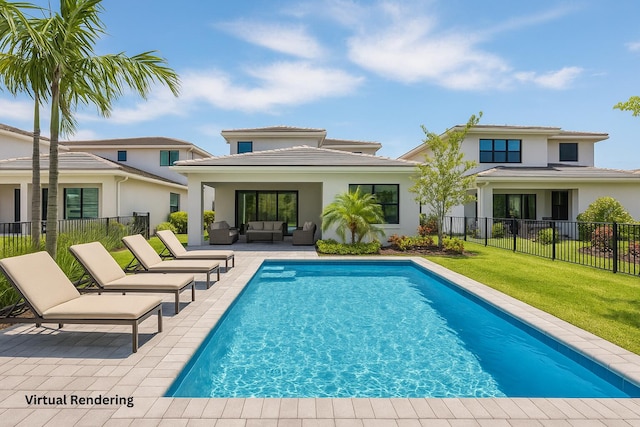 13158 Artisan Cir, Palm Beach Gardens, FL 33418 - back of property with an outdoor hangout area, stucco siding, and a patio area