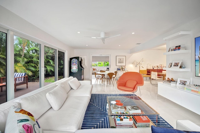 living room with visible vents, recessed lighting, ceiling fan, and tile patterned floors