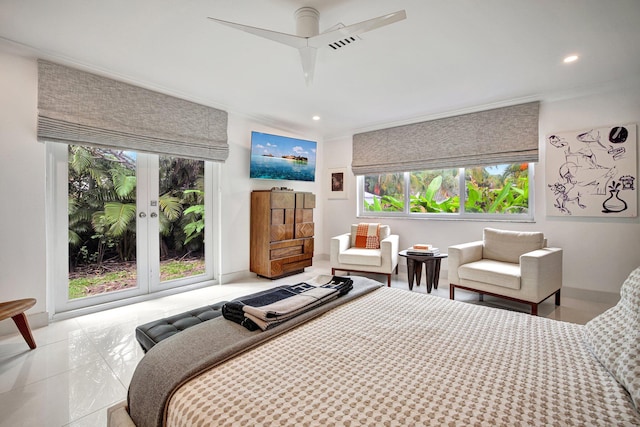 bedroom featuring visible vents, ornamental molding, ceiling fan, access to outside, and recessed lighting