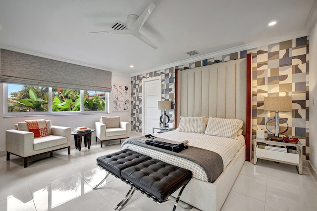 bedroom featuring visible vents, ornamental molding, light tile patterned flooring, ceiling fan, and wallpapered walls
