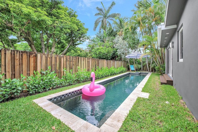 view of swimming pool featuring a fenced backyard, a fenced in pool, and a lawn