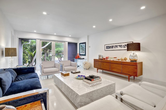 living room featuring recessed lighting and french doors