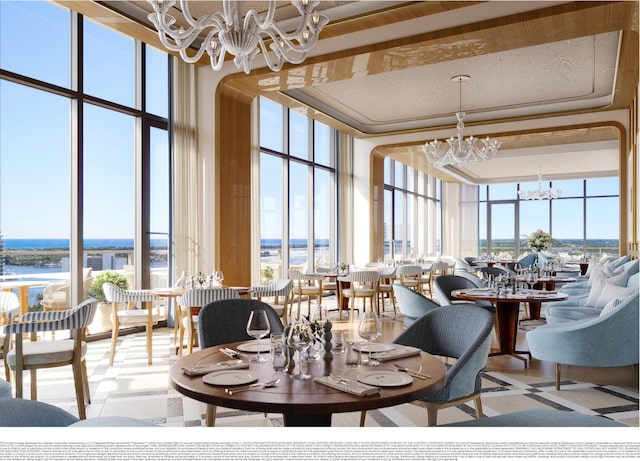 383 Okeechobee Blvd Unit 1602, West Palm Beach, FL 33401 - dining space with a chandelier, a wall of windows, and a water view