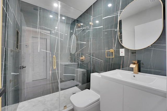 928 Market St, West Palm Beach, FL 33401 - bathroom with vanity, toilet, recessed lighting, tile walls, and a shower stall