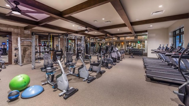 gym featuring carpet floors, ceiling fan, visible vents, and coffered ceiling