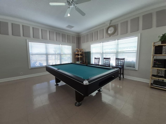 game room featuring crown molding, tile patterned floors, a ceiling fan, baseboards, and billiards