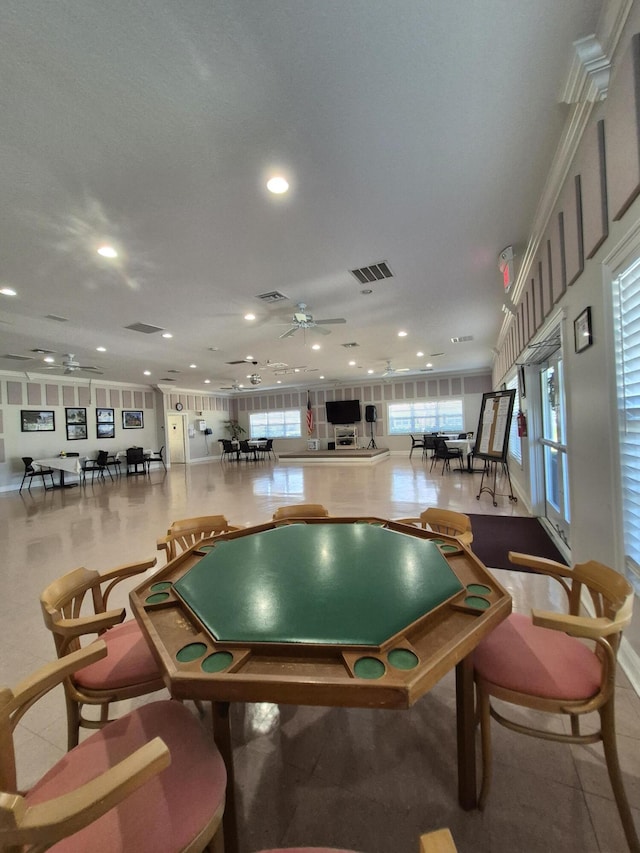 rec room featuring a ceiling fan, recessed lighting, and visible vents