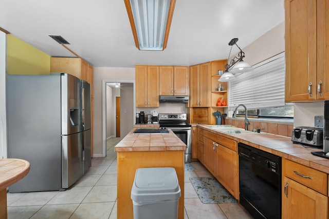 115 NE Caprona Ave, Port Saint Lucie, FL 34983 - kitchen featuring under cabinet range hood, visible vents, a sink, a kitchen island, and appliances with stainless steel finishes