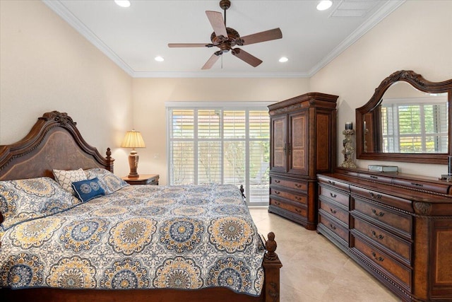 10145 SW Canossa Way, Port Saint Lucie, FL 34986 - bedroom featuring a ceiling fan, visible vents, light tile patterned floors, ornamental molding, and recessed lighting
