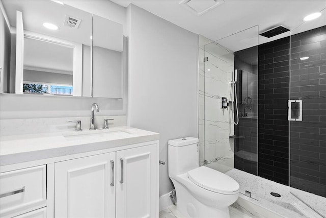 3040 Lake Shore Dr Unit 101, Riviera Beach, FL 33404 - bathroom featuring a shower stall, toilet, vanity, and recessed lighting
