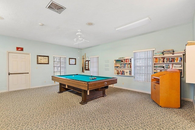 rec room with billiards, a ceiling fan, light colored carpet, and visible vents
