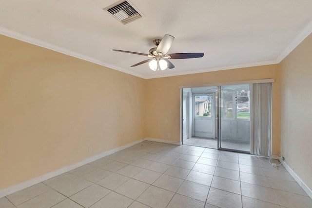 2867 Ashley Dr W Unit G, West Palm Beach, FL 33415 - empty room featuring a ceiling fan, visible vents, baseboards, ornamental molding, and light tile patterned flooring