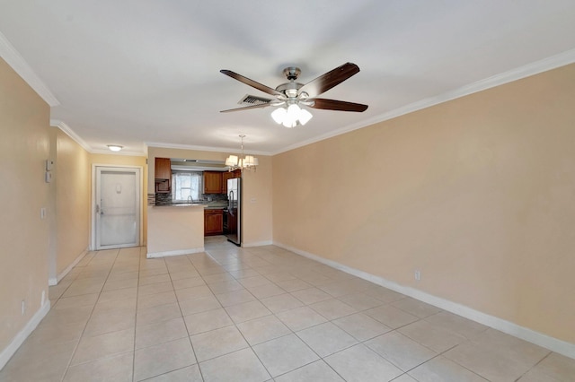 2867 Ashley Dr W Unit G, West Palm Beach, FL 33415 - unfurnished living room featuring light tile patterned floors, baseboards, ornamental molding, and ceiling fan with notable chandelier