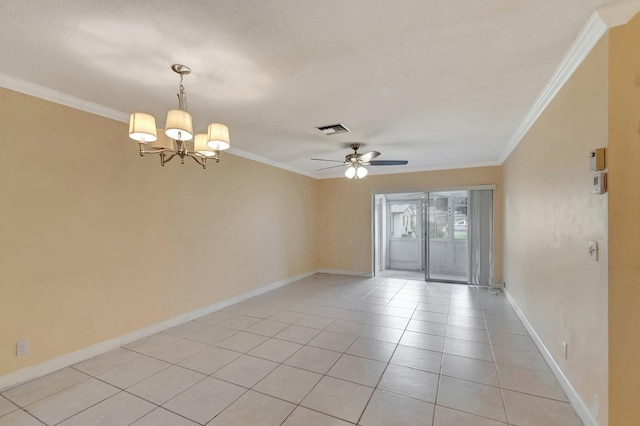 2867 Ashley Dr W Unit G, West Palm Beach, FL 33415 - empty room featuring ceiling fan with notable chandelier, baseboards, light tile patterned floors, visible vents, and ornamental molding