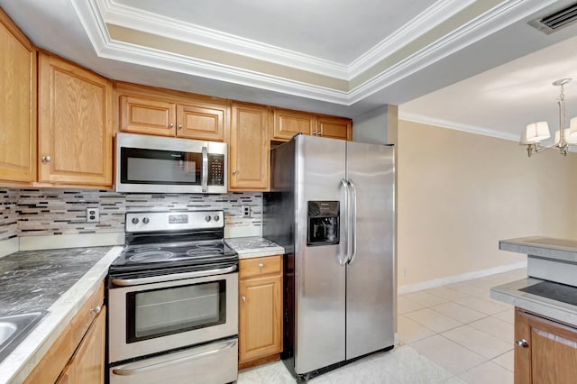 2867 Ashley Dr W Unit G, West Palm Beach, FL 33415 - kitchen featuring decorative backsplash, visible vents, crown molding, appliances with stainless steel finishes, and a chandelier