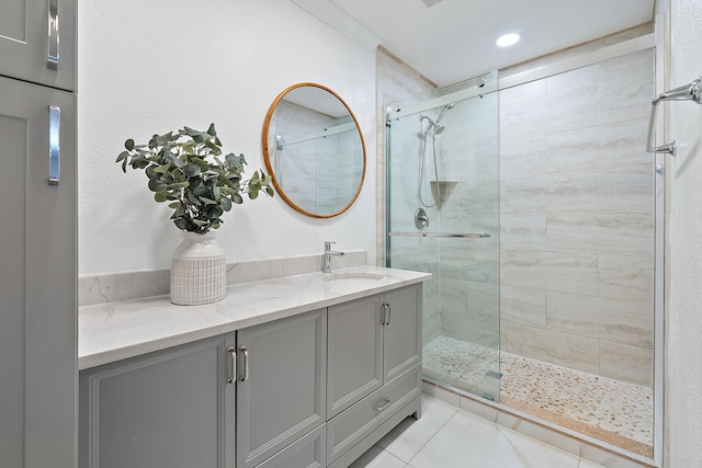 1420 Ocean Way Unit 30C, Jupiter, FL 33477 - bathroom with a shower stall, vanity, and recessed lighting