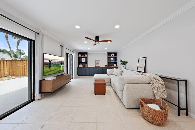 1420 Ocean Way Unit 30C, Jupiter, FL 33477 - living room with crown molding, recessed lighting, light tile patterned floors, ceiling fan, and baseboards