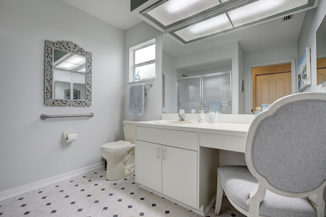 bathroom with visible vents, a stall shower, baseboards, tile patterned floors, and toilet