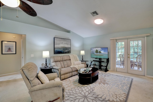 carpeted living area with a ceiling fan, baseboards, vaulted ceiling, and visible vents