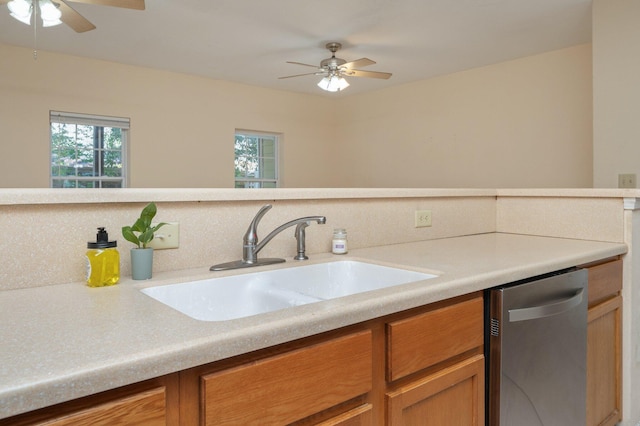 647 Gap Creek Dr, Fort Walton Beach, FL 32548 - kitchen featuring a sink, ceiling fan, light countertops, and dishwasher