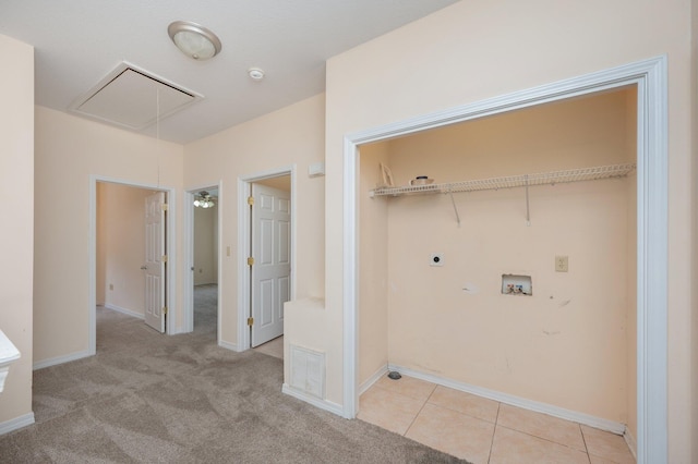 647 Gap Creek Dr, Fort Walton Beach, FL 32548 - laundry room featuring electric dryer hookup, attic access, hookup for a washing machine, light carpet, and baseboards