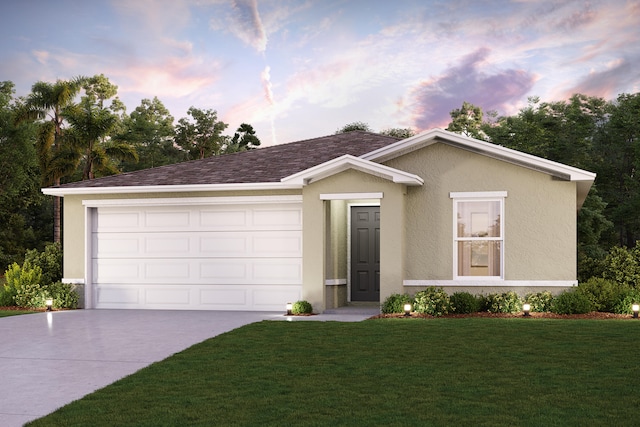 single story home featuring concrete driveway, a yard, stucco siding, and a garage