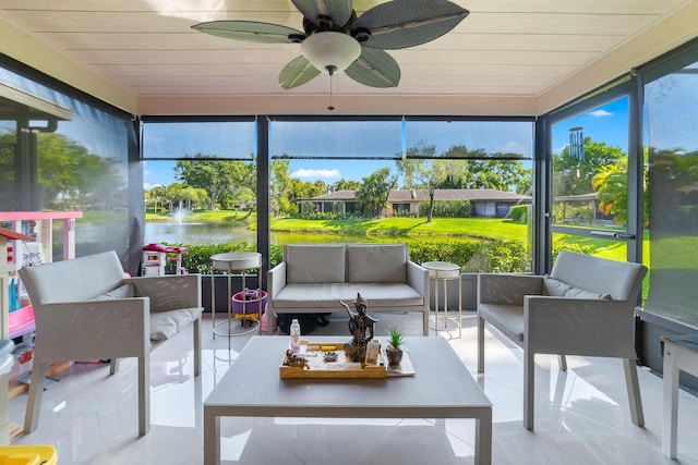 sunroom featuring outdoor lounge area, ceiling fan, and plenty of natural light