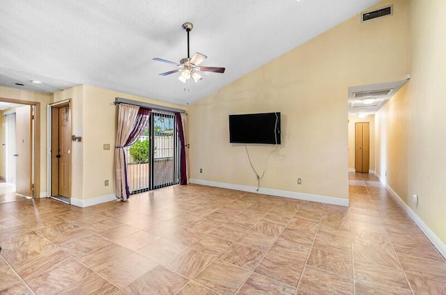 5578 Golden Eagle Cir Unit 5578, Palm Beach Gardens, FL 33418 - unfurnished living room featuring a ceiling fan, visible vents, baseboards, and lofted ceiling