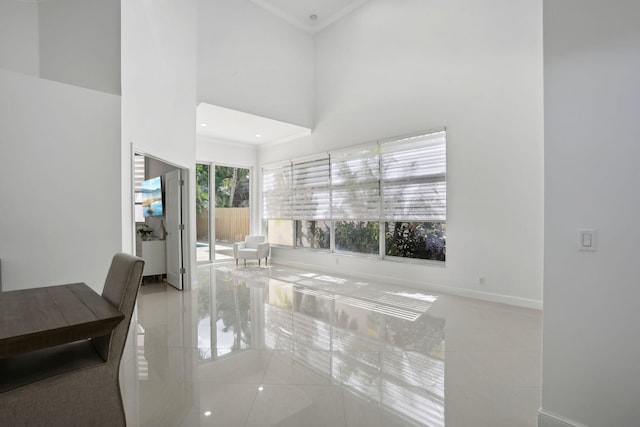 living area with crown molding, tile patterned flooring, baseboards, and a high ceiling