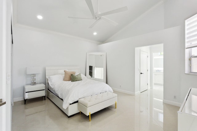 bedroom with light tile patterned floors, baseboards, ornamental molding, and lofted ceiling