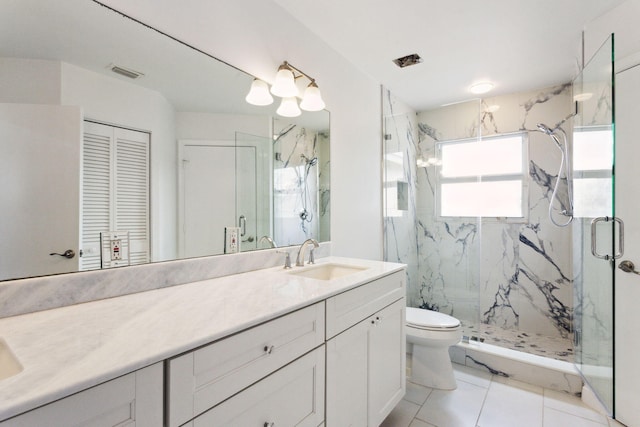 bathroom featuring visible vents, a closet, vanity, toilet, and a marble finish shower