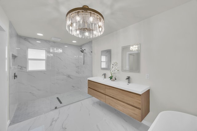 4372 SW Bimini Cir N, Palm City, FL 34990 - bathroom with marble finish floors, a chandelier, a marble finish shower, and double vanity