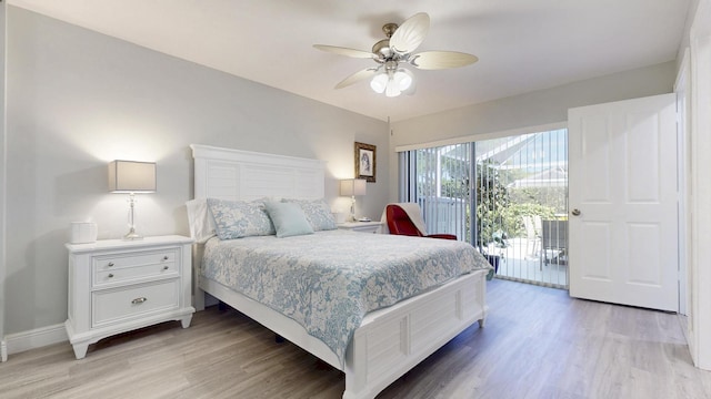 bedroom with light wood-style floors, baseboards, a ceiling fan, and access to exterior