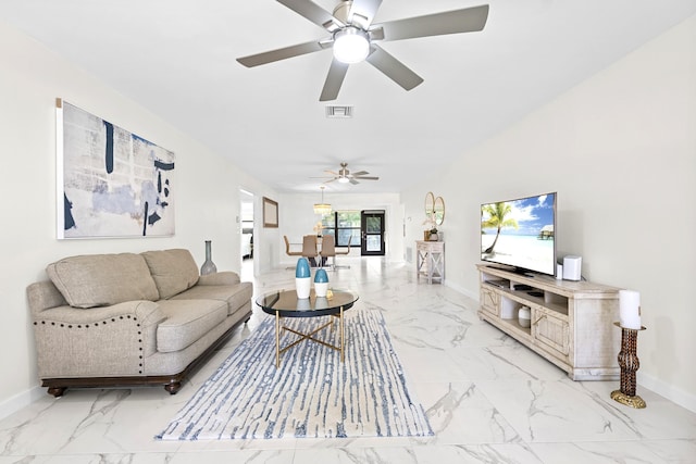 4670 Laurel Tree Rd Unit A, Boynton Beach, FL 33436 - living area with a ceiling fan, marble finish floor, baseboards, and visible vents