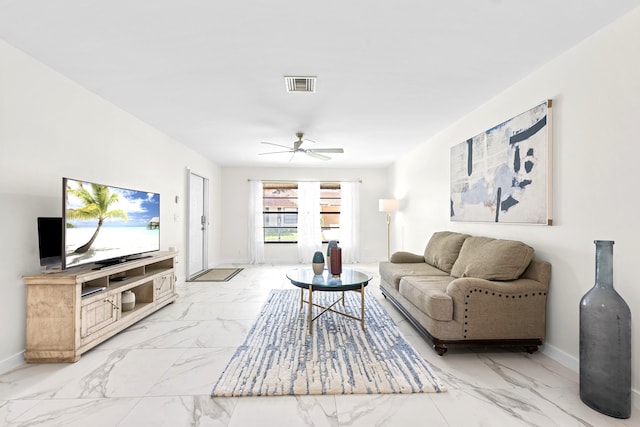 4670 Laurel Tree Rd Unit A, Boynton Beach, FL 33436 - living area featuring baseboards, visible vents, marble finish floor, and a ceiling fan
