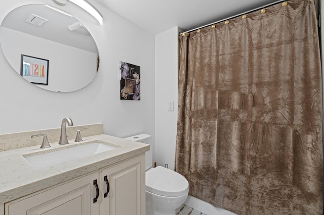 full bath with toilet, tile patterned floors, visible vents, and vanity