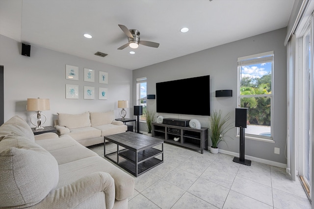 living area with recessed lighting, ceiling fan, visible vents, and a wealth of natural light