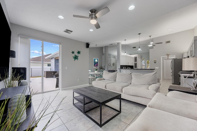 living room with recessed lighting, ceiling fan, visible vents, and baseboards