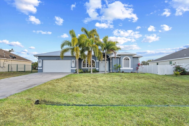 ranch-style home featuring a front yard, a garage, fence, concrete driveway, and stucco siding