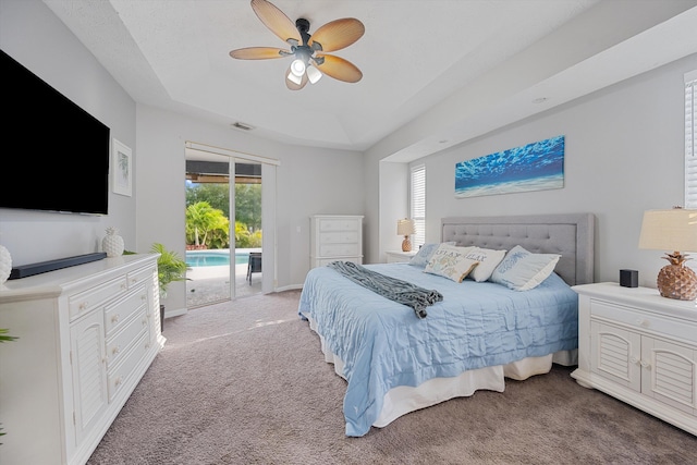 bedroom featuring a ceiling fan, light colored carpet, access to exterior, and visible vents