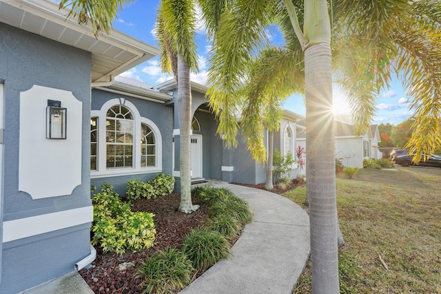 doorway to property with a lawn and stucco siding