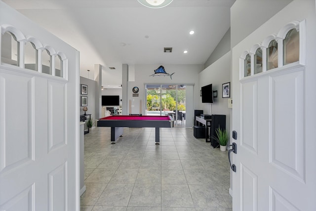 game room with visible vents, recessed lighting, pool table, light tile patterned floors, and vaulted ceiling