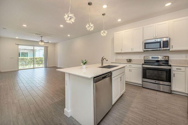 kitchen featuring a sink, light wood-style flooring, open floor plan, and stainless steel appliances