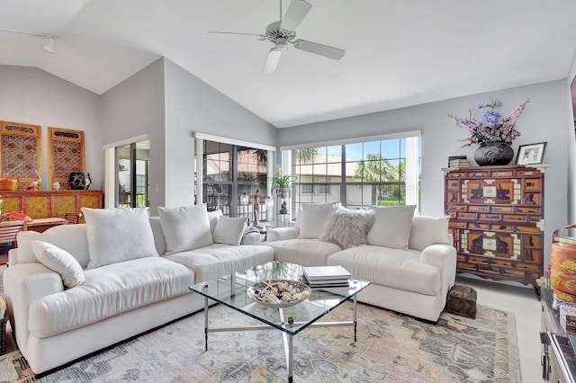 3399 Jog Park Dr, Greenacres, FL 33467 - living room with a ceiling fan, rail lighting, and lofted ceiling