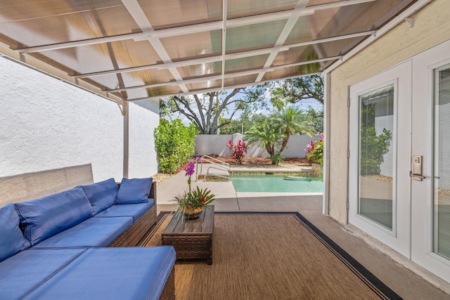 10056 Lexington Cir N, Boynton Beach, FL 33436 - view of patio / terrace with outdoor lounge area, french doors, a fenced backyard, and a fenced in pool