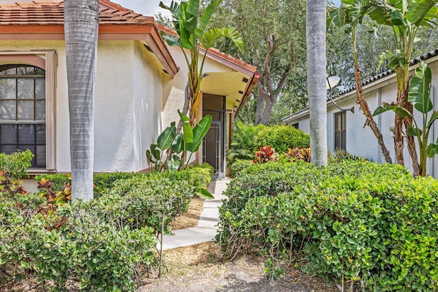 10056 Lexington Cir N, Boynton Beach, FL 33436 - view of exterior entry featuring stucco siding and a tile roof